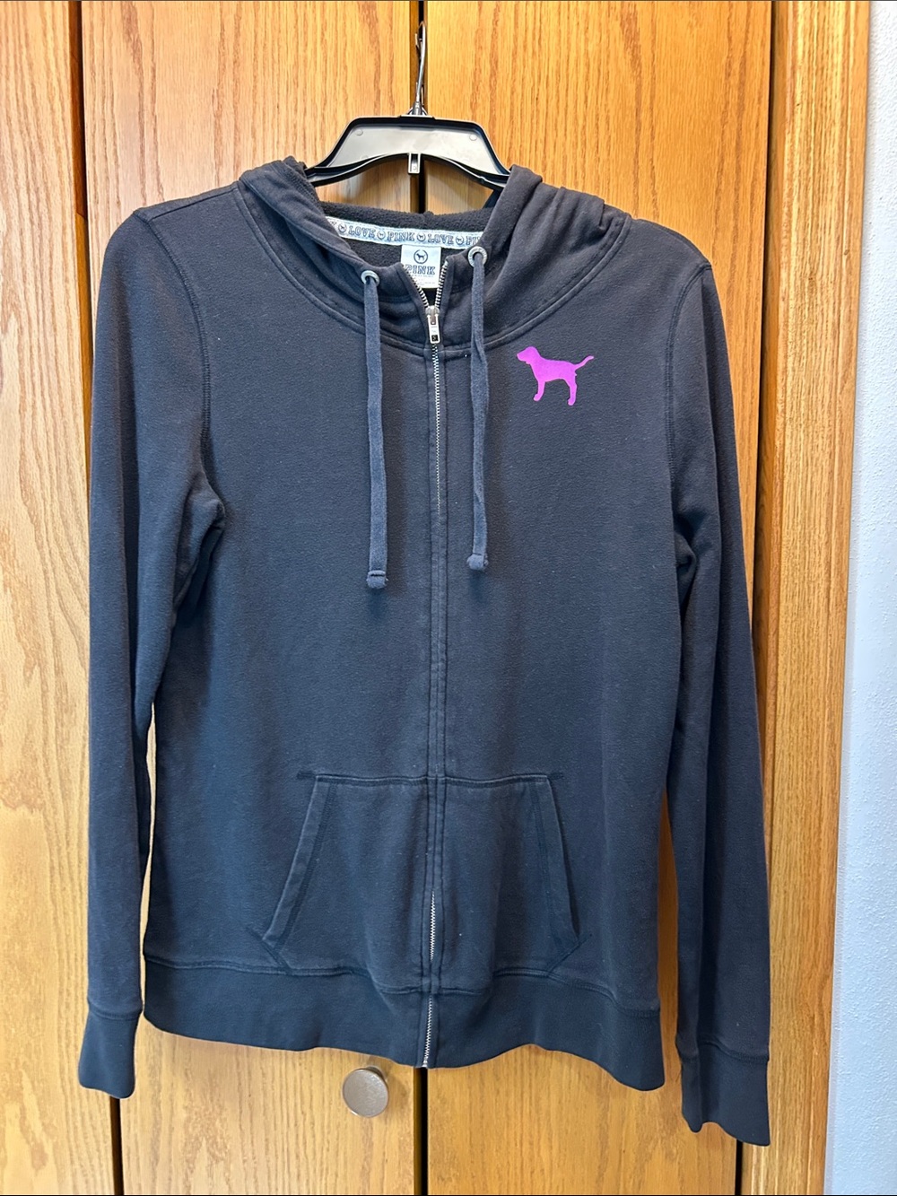 PINK Victoria's Secret Black Zip-Up Hoodie with Pink Dog Logo